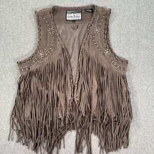 Powder River Outfitters Panhandle Slim Vest Women's Large Fringe Brown Faux Sued